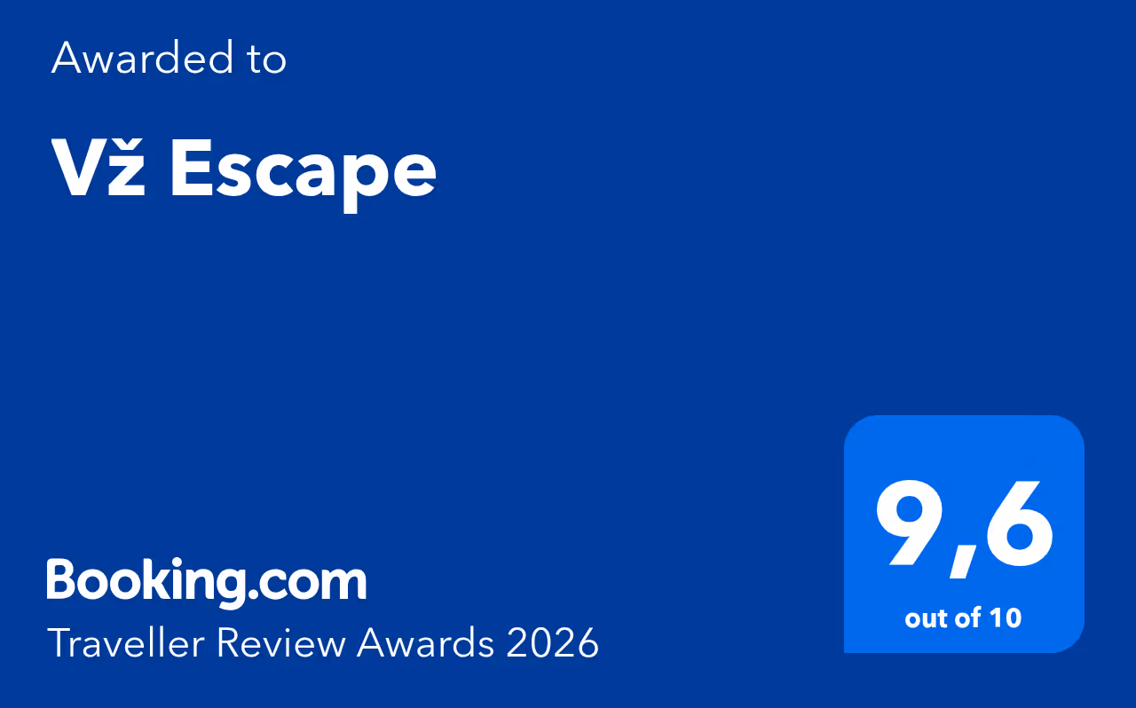 Blue Booking.com Traveller Review Award 2026 showing a score of 9.7 out of 10 awarded to VŽ Escape.